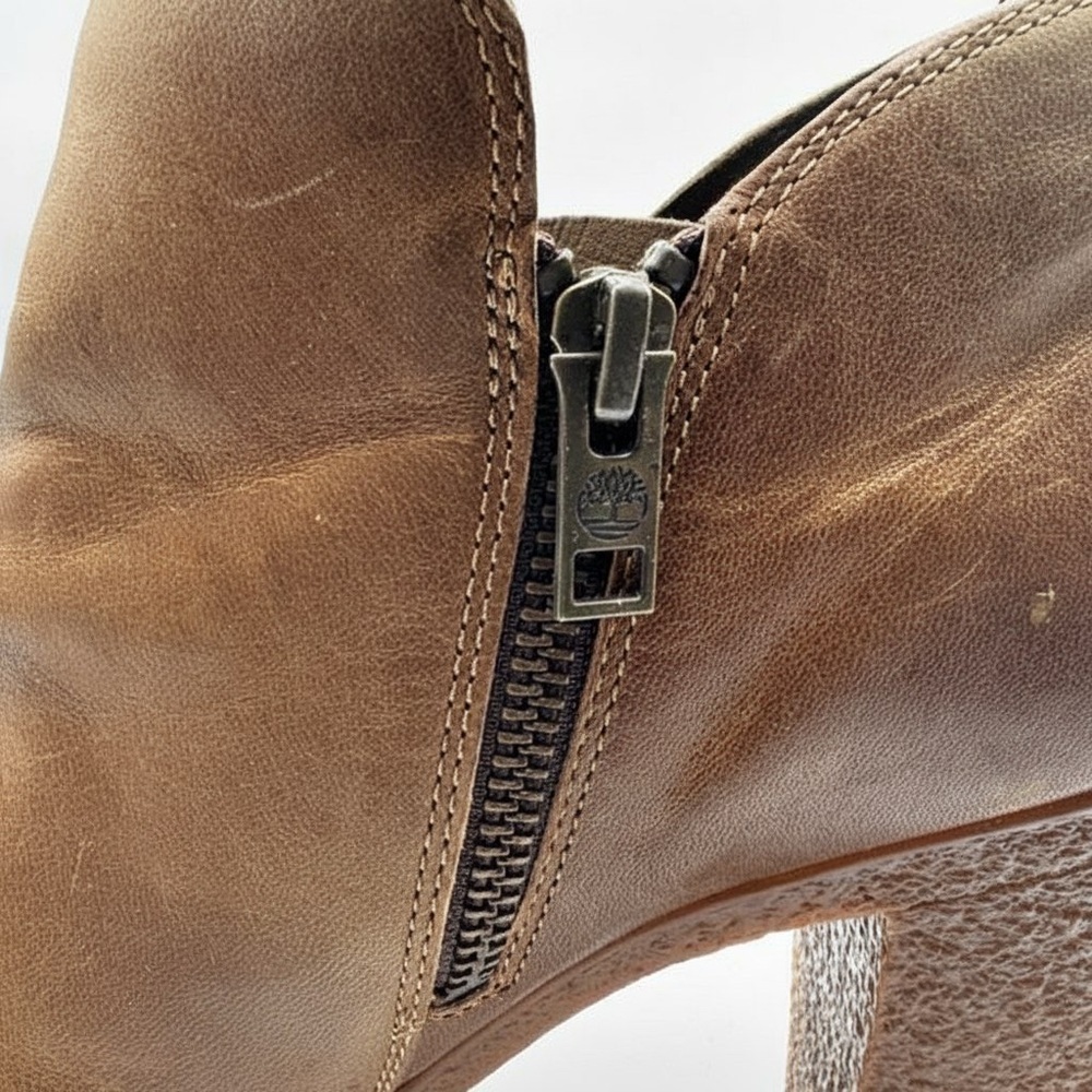 Timberland Brown Leather Peep Toe Ankle Booties Block Heel Zip Up 10 - Picture 9 of 14